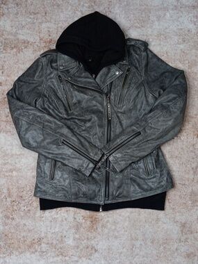 Derringer Gray Leather Jacket  Zip In Hoodie Mens Size Large
